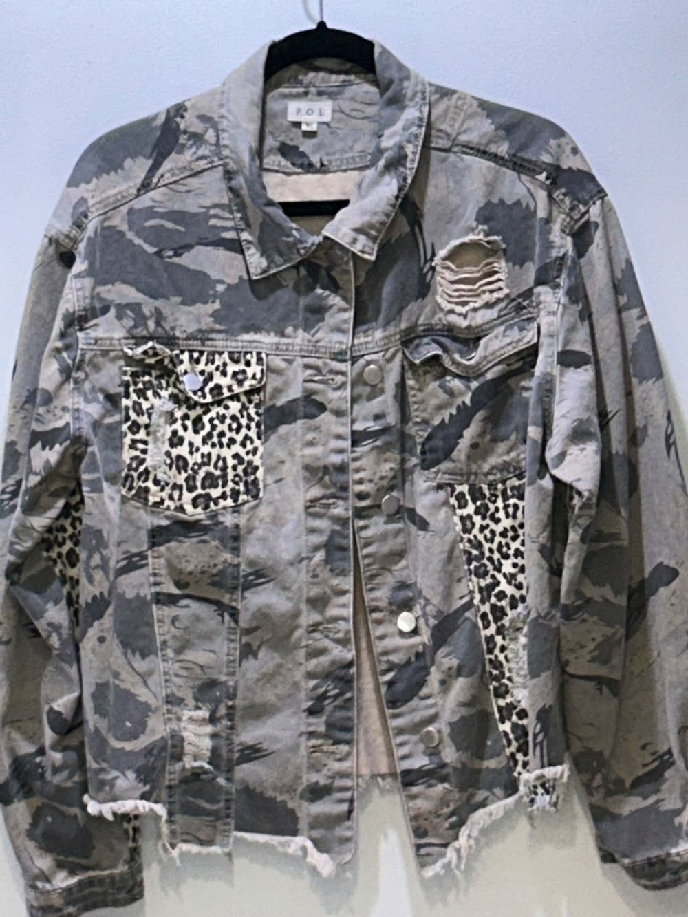 POL XL Camo Leopard Print Distressed Denim Jacket Raw Hem